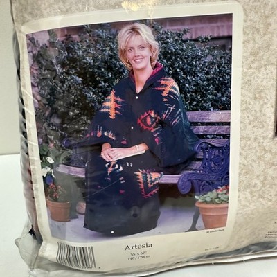 Vtg Biederlack Cuddle Wrap Artesia Wearable Blanket Navy Southwestern 55x67 USA