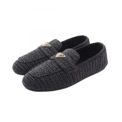 Mocassins plats PRADA logo triangle crochet #36 tissu noir occasion femmes - Photo 1/4