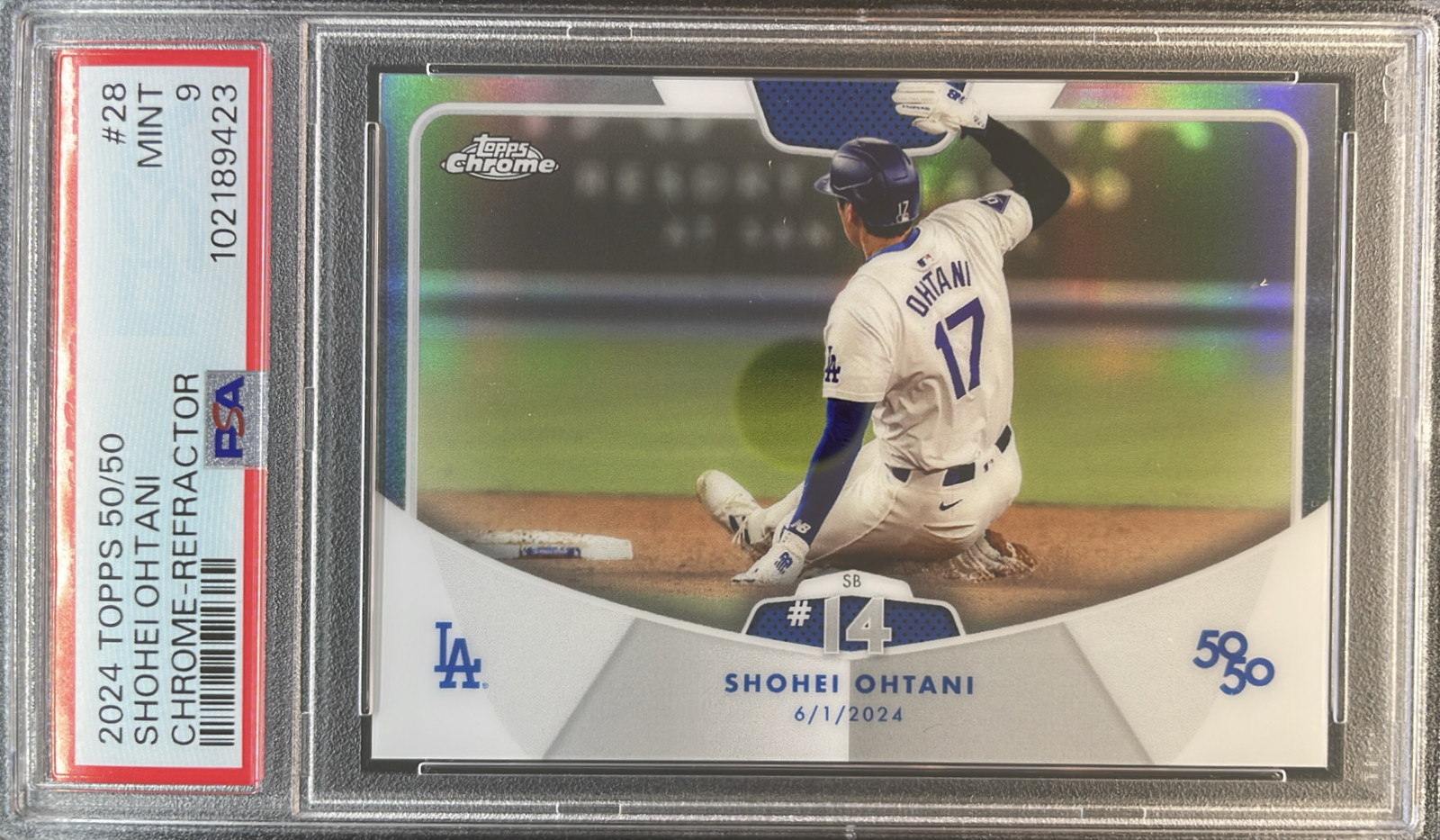 2024 Topps 50/50: Shohei Ohtani Chrome Refractor SB 14 #28 PSA 9 POP 1