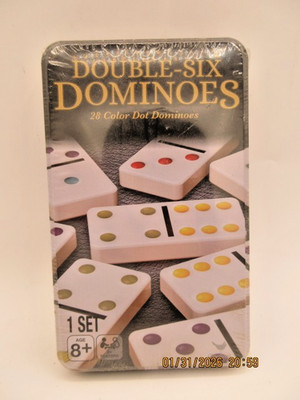 Double-Six Dominoes 28 Color Dot Dominoes In Tin BRAND NEW Cardinal Industries