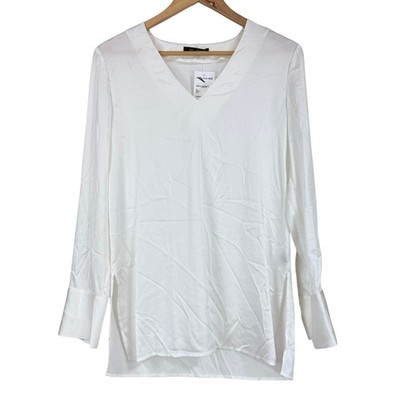 St. John Silk LS Blouse White Size S Side Slit *Thread Pulls & A Few Marks*