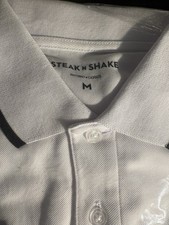 STEAK N SHAKE Polo Shirt White M Short Sleeve Collared Logo Button and apron 