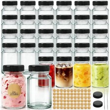 Tebery 24 Pack 2oz Glass Shot Jars Mini Juice Bottles with Black Lids, Small ...