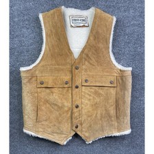 Chess King Suede Leather Vest Men L Tan Faux Shearling Lined Western Cinch Back