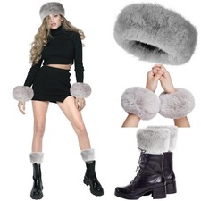 3 Pieces Faux Fur Headband Set Earmuff Hat Fuzzy Short Wrist Warmers Boot Cuf...