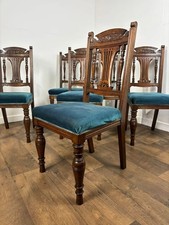 Set of Six Edwardian Carved Oak Dining Chairs –with Teal Upholstery