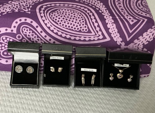 Bel lotto vintage 5 pezzi orecchini modernisti argento sterling collana diamanti ametista - Foto 6 di 10