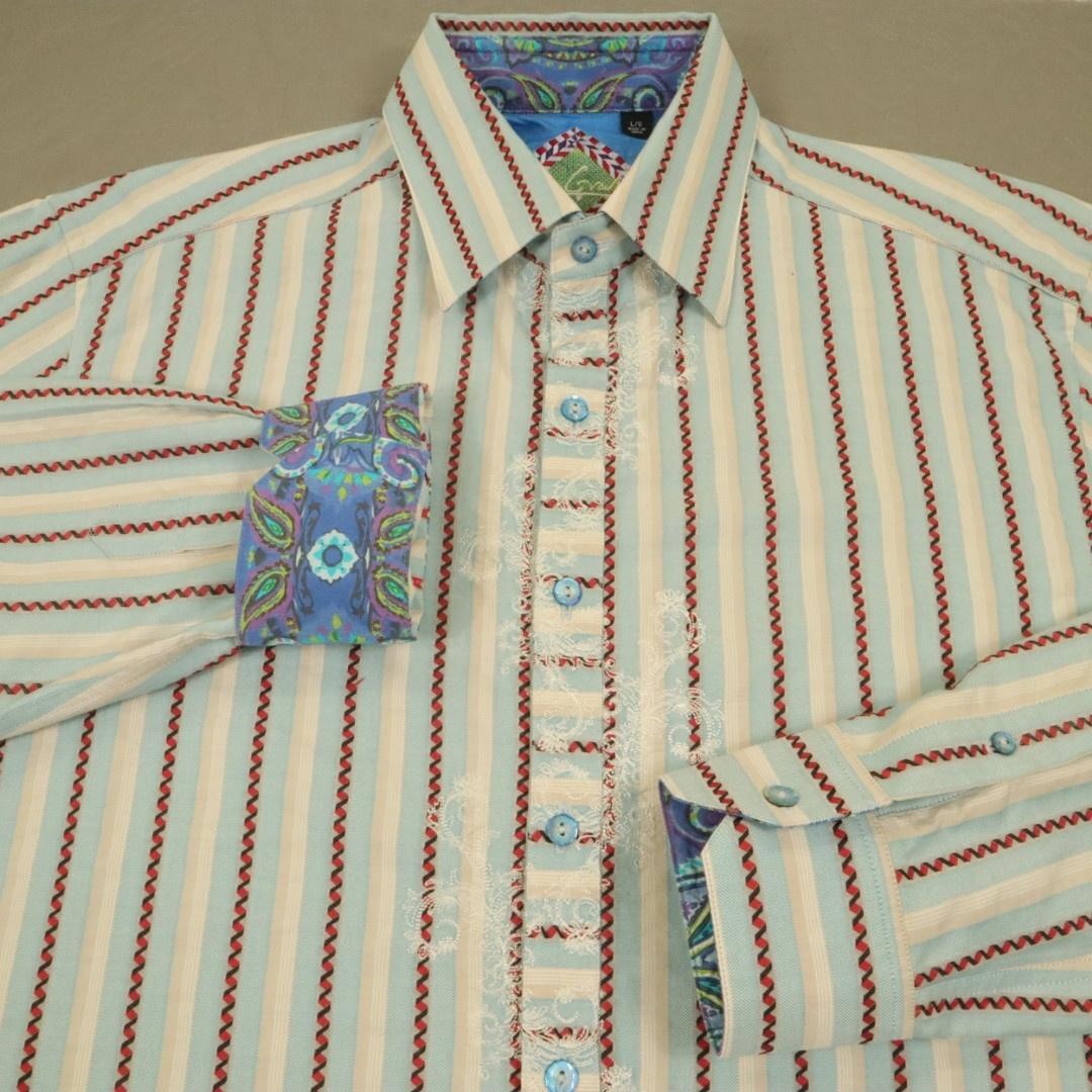 Robert Graham Button Shirt Mens Large Blue Stripe L/S Embroidered Flip Cuff Silk