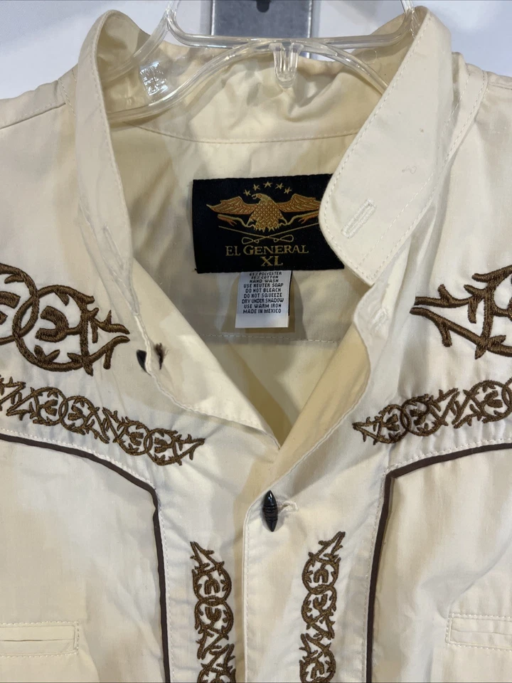 🔥 Camisa Occidental El General Beige Marrón Botón Palanca Delantero/Trasero Bordada XL Foto 2 de 4