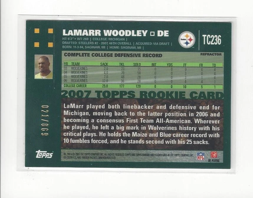 2007 Topps Chrome White Refractors #TC236 LaMarr Woodley RC Rookie Steelers /869 - Image 2 of 2