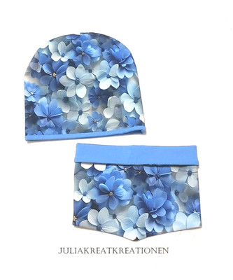 BLUMEN HORTENSIEN 3D Blumen Frühlingsset Mütze Beanie Loop Gr. 48-50 Handarbeit