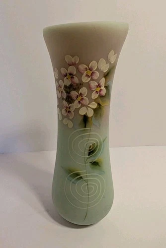 FENTON ART GLASS HP FLOWERS ON LOTUS MIST BURMESE VASE 4376-FB STEPHENS