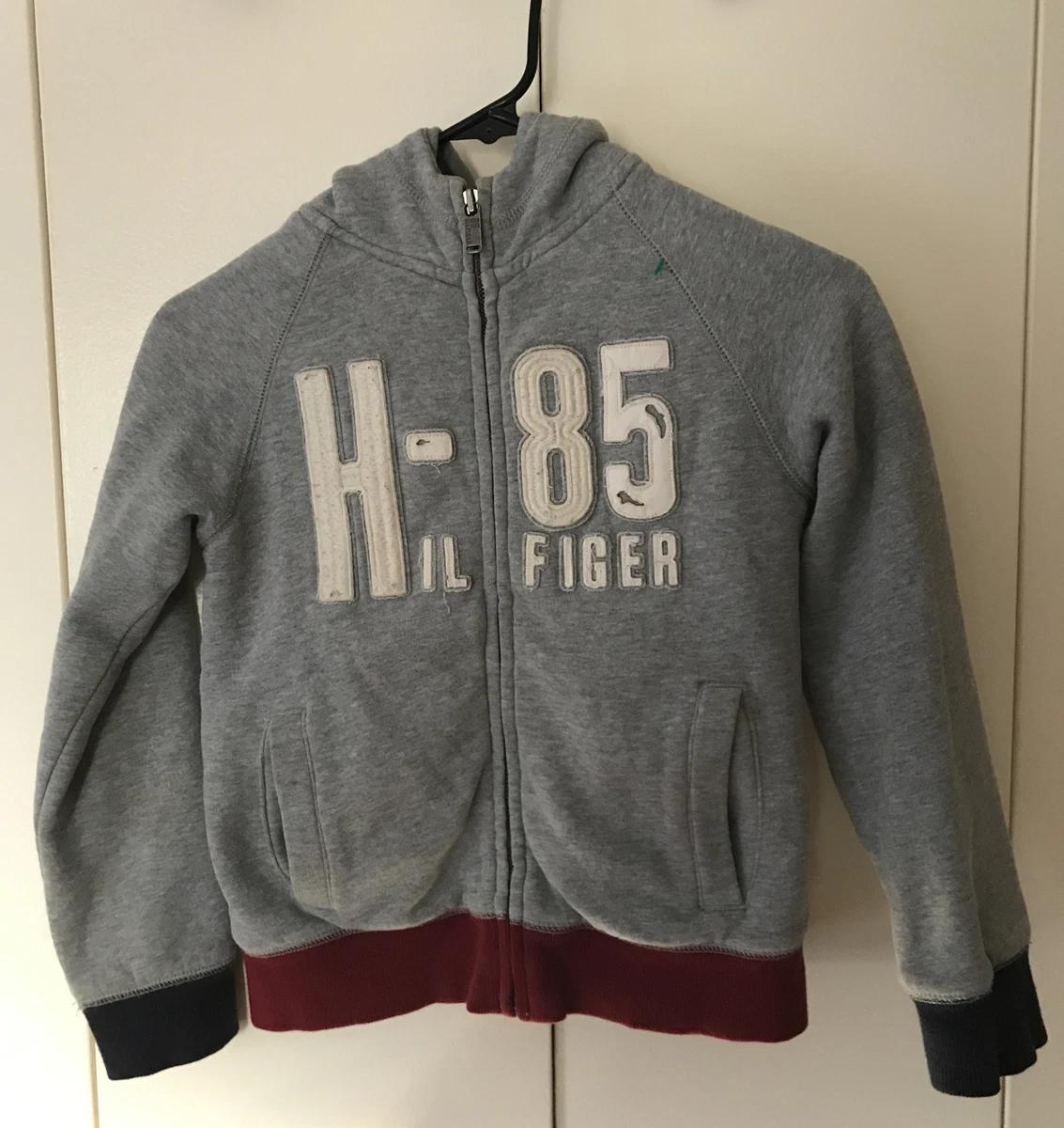 Boy s Hoodie Zip Up Jacket Tommy Hilfiger Logo Sherpa Sweatshirt S 6 7 Gray