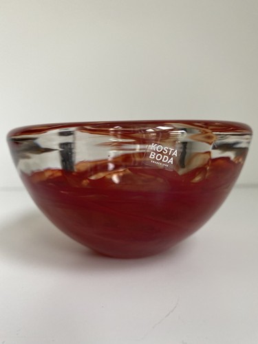 Bright Kosta Boda Red Swirl Art Glass Bowl Tealight Candle Holder Dish Marked - Picture 4 of 8
