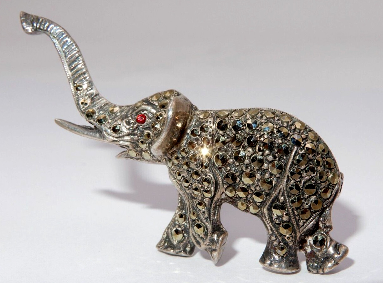 VINTAGE SOLID SILVER ELEPHANT WITH MARCASITES & R… - image 3