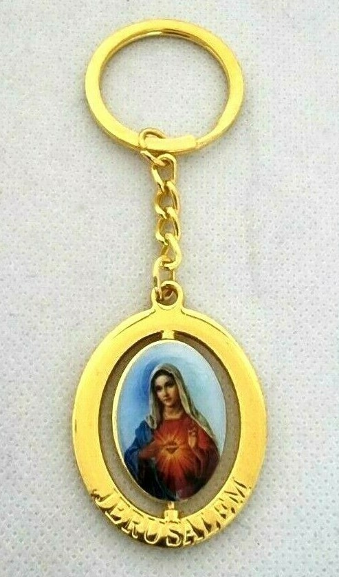 Unbeflecktes Herz Mariens goldener Schlüsselring, rotierendes Zentrum, graviertes Jerusalem.