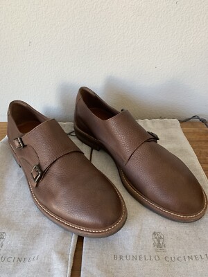 $1295 Brunello Cucinelli Deerskin Double Monk Strap Loafers Brown