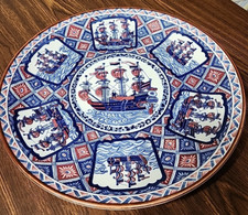 Japanese Imari Ship Charger Vintage Red Blue Painted Porcelain 12” VGUC