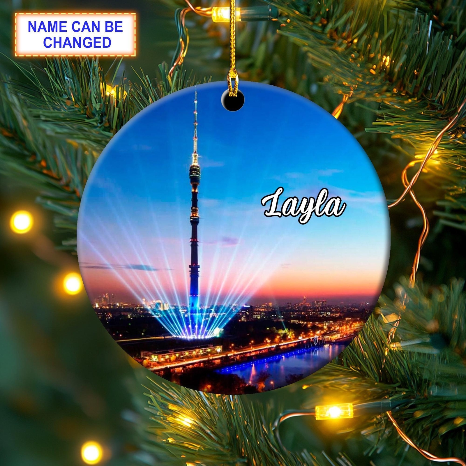 Custom Name Ostankino Tower In The Night Christmas Ornament  Christmas Tree Hang