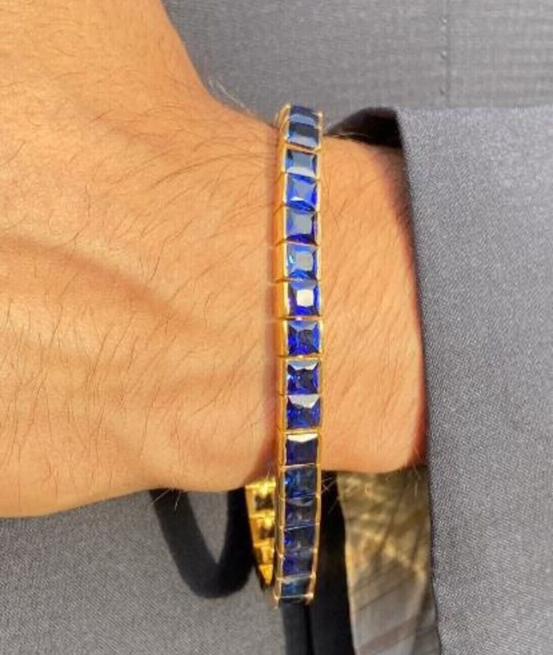 CHANEL Set Canale Tennis Uomo Zaffiro Blu 4MM Creato in Lab 8MM Argento 925