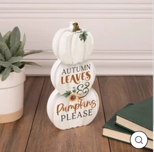 White Pumpkins Fall Shelf Sitter Block Wood Sign - Autumn Leaves