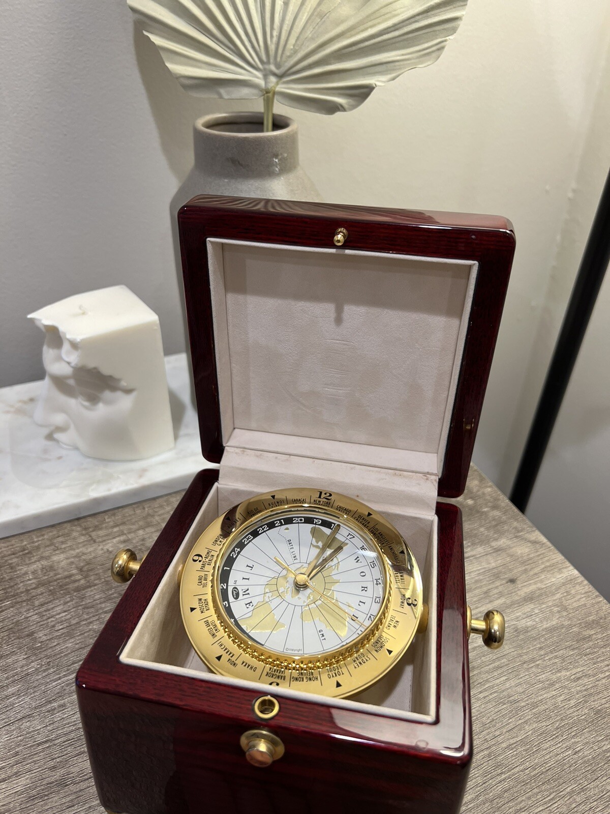 World Time Treasure Desk Clock by Chass Rosewood WORKING NEW BATTERY