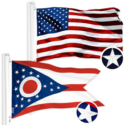 G128 Combo: USA Flag & Ohio OH State Flag Both 3x5 Ft Embroidered Polyester
