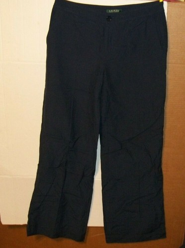 Lauren Ralph Lauren sz 12 Linen Silk blend lined Wide Leg Casual Pants navy blue - Picture 3 of 3