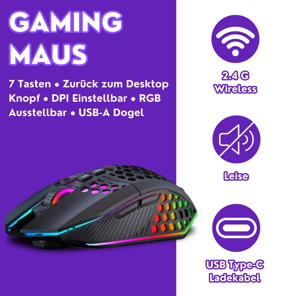Gaming Maus Kabellos Weiß Wireless Leise RGB Mouse PC Laptop Funk USB-Dongel - Bild 4 von 4
