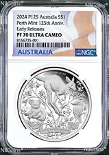 2024 P Perth Mint 125 Anniv. 1oz Silver Kangaroo/koala/Kooka NGC PF70 $1 Coin ER