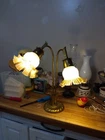 LAMPS A ANTIQUE TIFFANY STYLE 18"H DUEL SHADE BRASS LILLY PAD THEMED TABLE LAMP