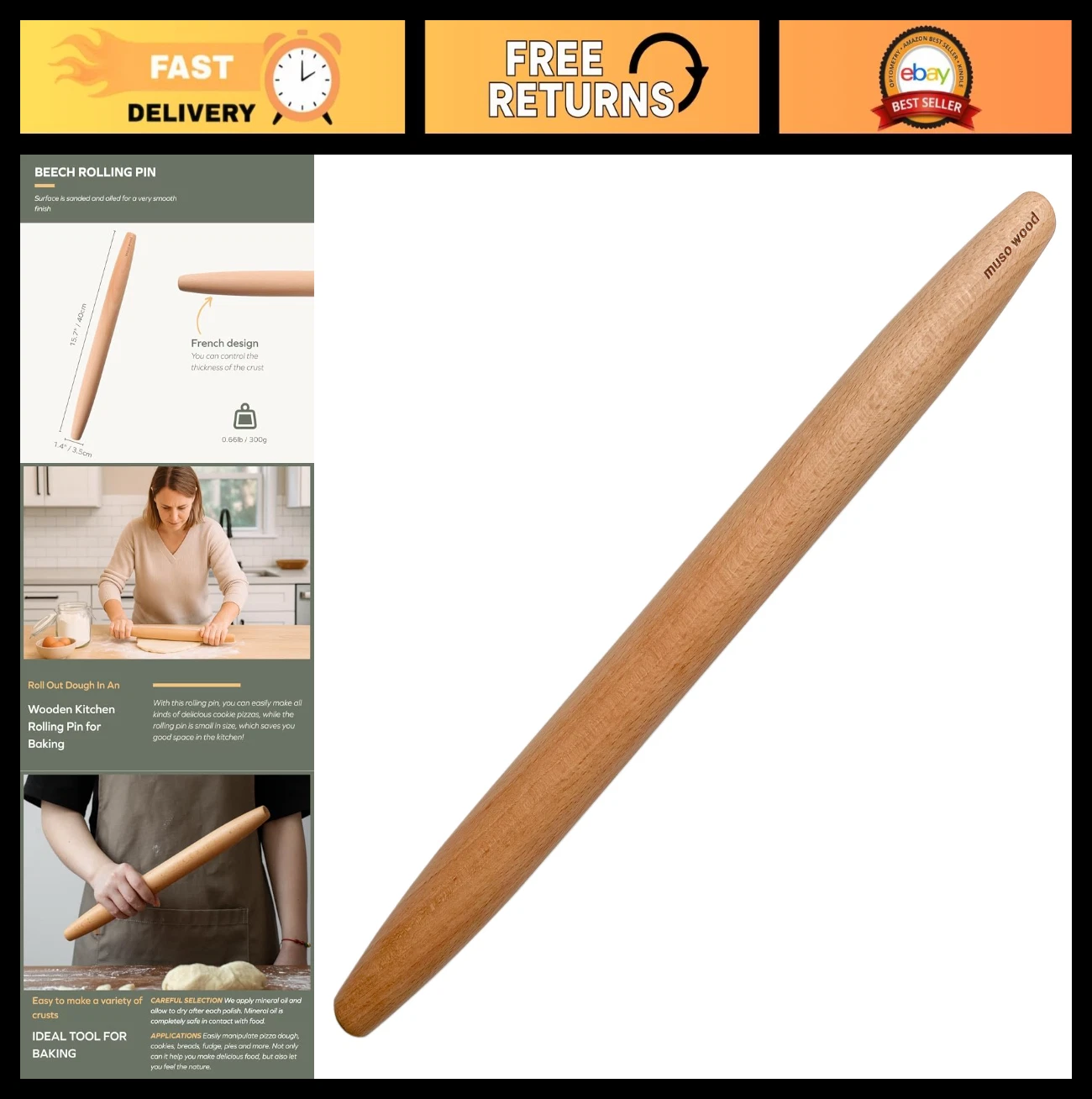 Tapered Wooden Rolling Pin for Baking - 17.5" Beech Wood for Fondant, Pie & Cook