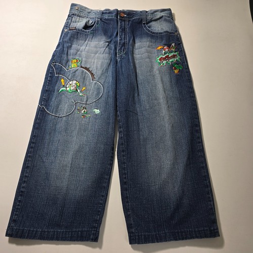 5ive Jungle & Co. Jeans Men 36 Blue Denim Embroidered Baggy Straight Leg Hip Hop