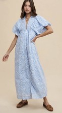ANNIE WEAR Pale Blue Floral Smocked Puff Sleeve Button Shirt Midi Dress Sz L NWT