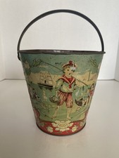 Antique Tin Litho Sand Pail, Embossed With Gold Gilt Trim Victorian Beach Scene