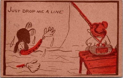 c1908 Just Drop Me A Line Fishing Comic Humor PITTSBURG Pennsylvania PA Postcard