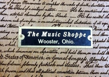 VINTAGE THE MUSIC SHOPPE WOOSTER, OHIO WAYNE COUNTY BRASS TAG SIGN ADVERTISING 