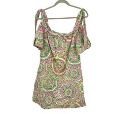 Tahari Tie Shoulder Shift Dress Colorful Medallion Cotton Size 8 Resort Beach