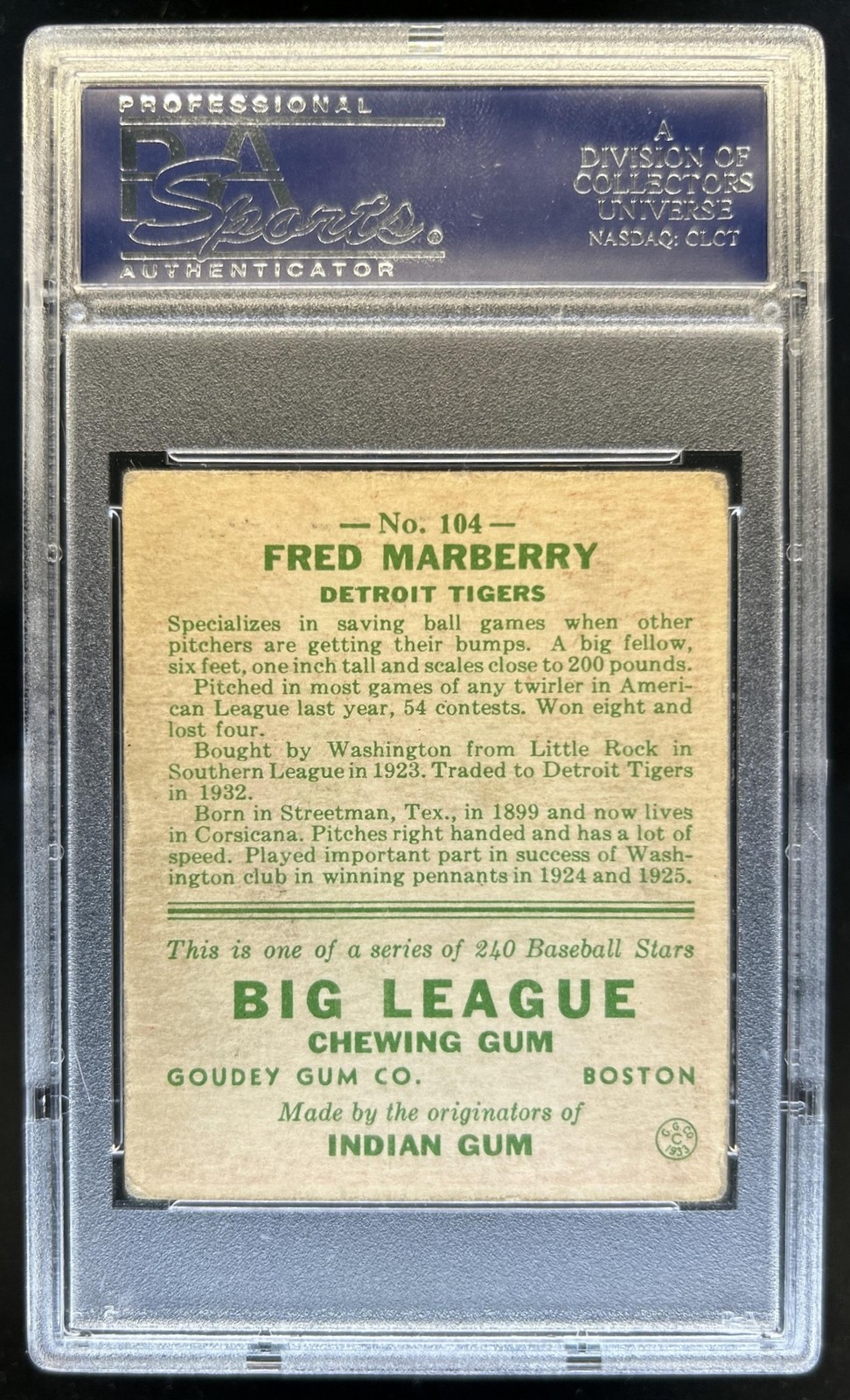 1933 Goudey R319 Fred Marberry Rookie RC #104 Tigers PSA 2.5 view 2