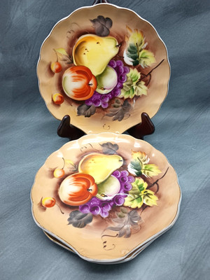 Set Of 4 VTG Lefton China Luncheon Plate Hand Painted Apples Pears Grape 8''