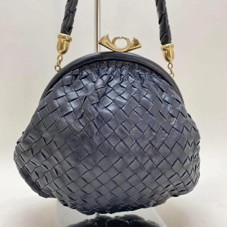Bolso de Mano Bottega Veneta Intrecciato Marco Cierre Bolsa Cuero Azul Marino Tejido De Colección Foto 4 de 4