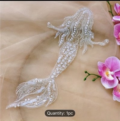 Lace piece of  White Mermaid Bead Embroidery Sequin Fabric Patch DIY. Handcraft 