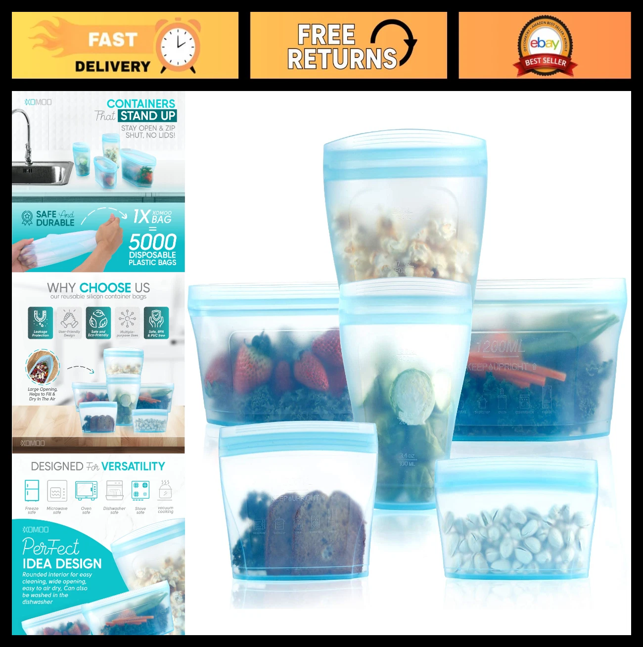 6 Pcs Silicone Reusable Food Storage Bags - Zip Seal, Stand Up, Easy Clean
Opens in a new window or