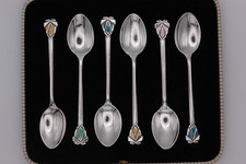 Sterling Silver Set of Art Deco enamel spoons Birmingham 1939, Cased