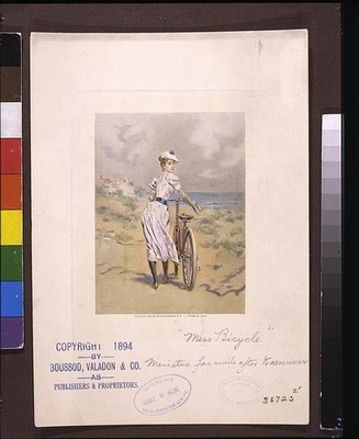 Miss Bicycle,young woman walking bicycle through sand dunes,c1894,Boussod