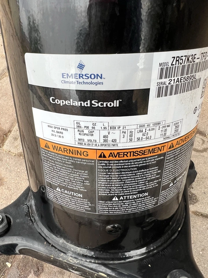 COMPRESOR COPELAND SCROLL modelo ZR57K3E - TFD - 950 año 2021 460v 3 fases Foto 2 de 4
