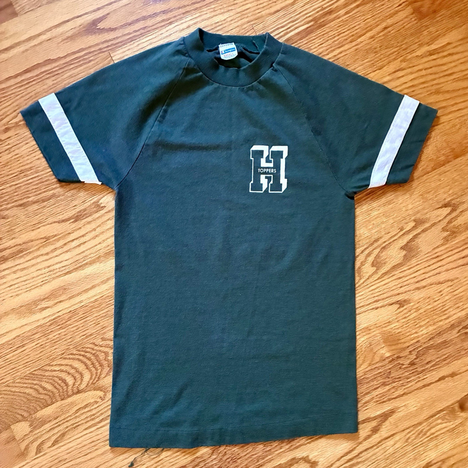 VINTAGE 70s Champion Green Single-Stitch Ringer T-shirt Size Small Made in USA