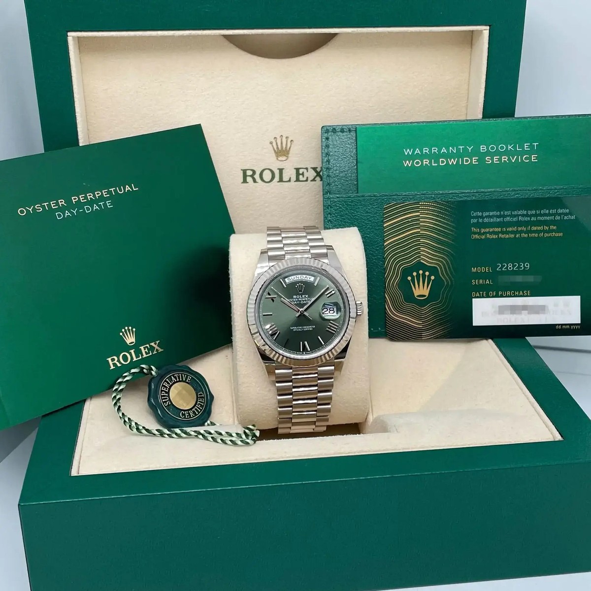 2020's Mint Rolex 228239 Day Date 40 18K White Gold Olive Bevelled