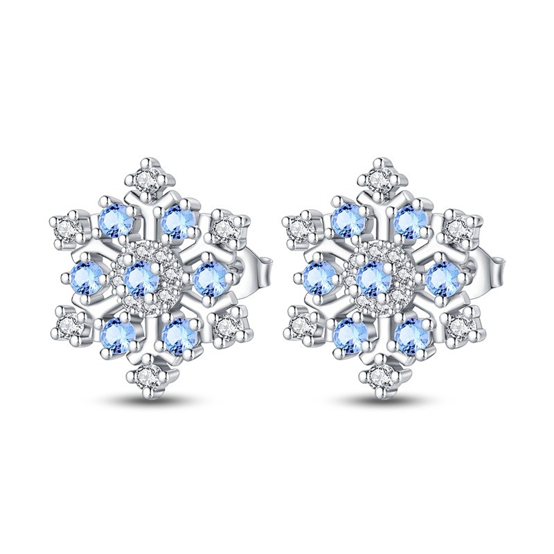 KUNSIR 925 SterlingSilver Blue Cubic Zirconia Snowflake Stud Earrings Women Gift