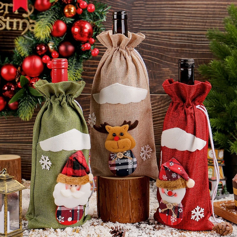 5 Coperchi Decorativi Per Bottiglie Di Vino A Forma Di Babbo Natale - Copribottiglia In Tessuto Non Tessuto, Regalo Natalizio (50x13 Cm)